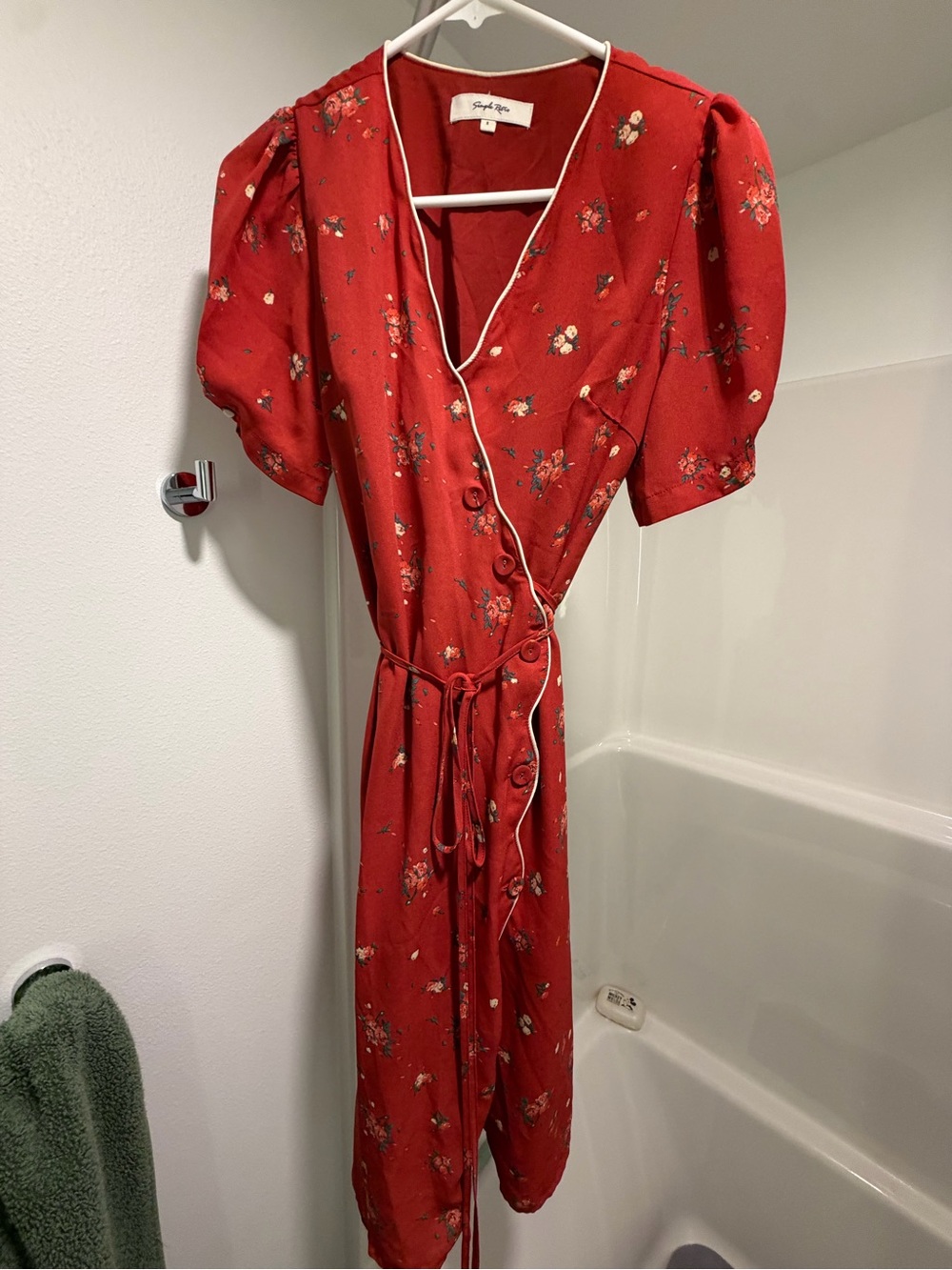 Red Floral Wrap Midi Dress with Puff Sleeves